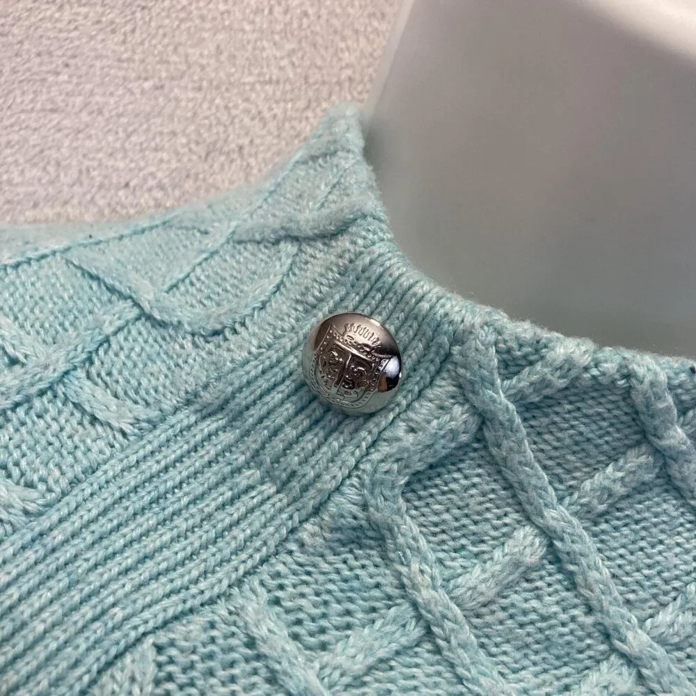 Talbots Cable Knit Sweater Womens Petite Large PL‎ Aqua Blue Buttons Old Money